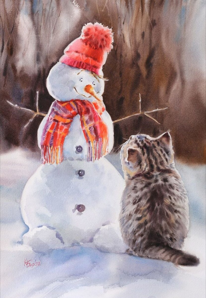 Котёнок и снеговик - доброта, котенок, зима, снеговик - оригинал