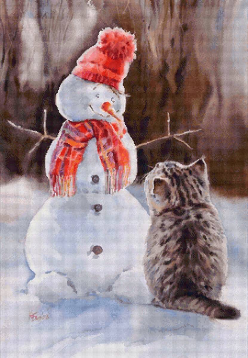 Котёнок и снеговик - доброта, снеговик, котенок, зима - предпросмотр