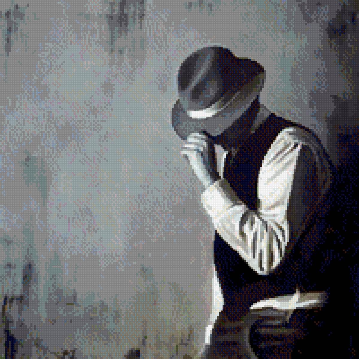 У стены - монохром, шляпа, мужчина - предпросмотр