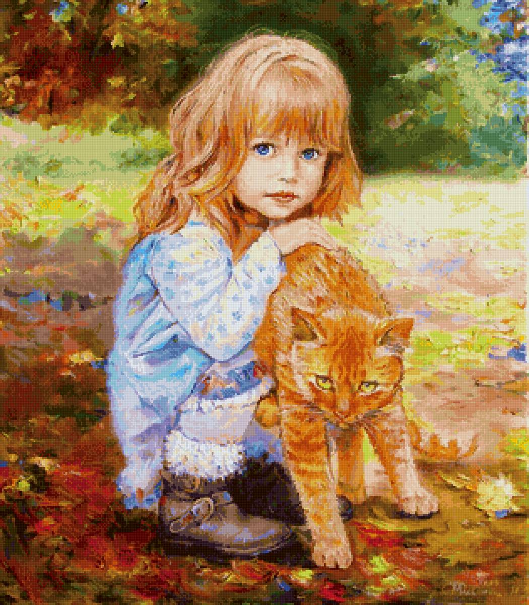 Девочка и кот - осень, ребенок, кот - предпросмотр