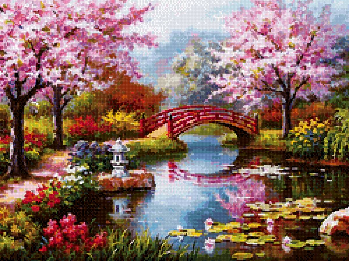 сакура и мост через речу - сакура, мостик - предпросмотр