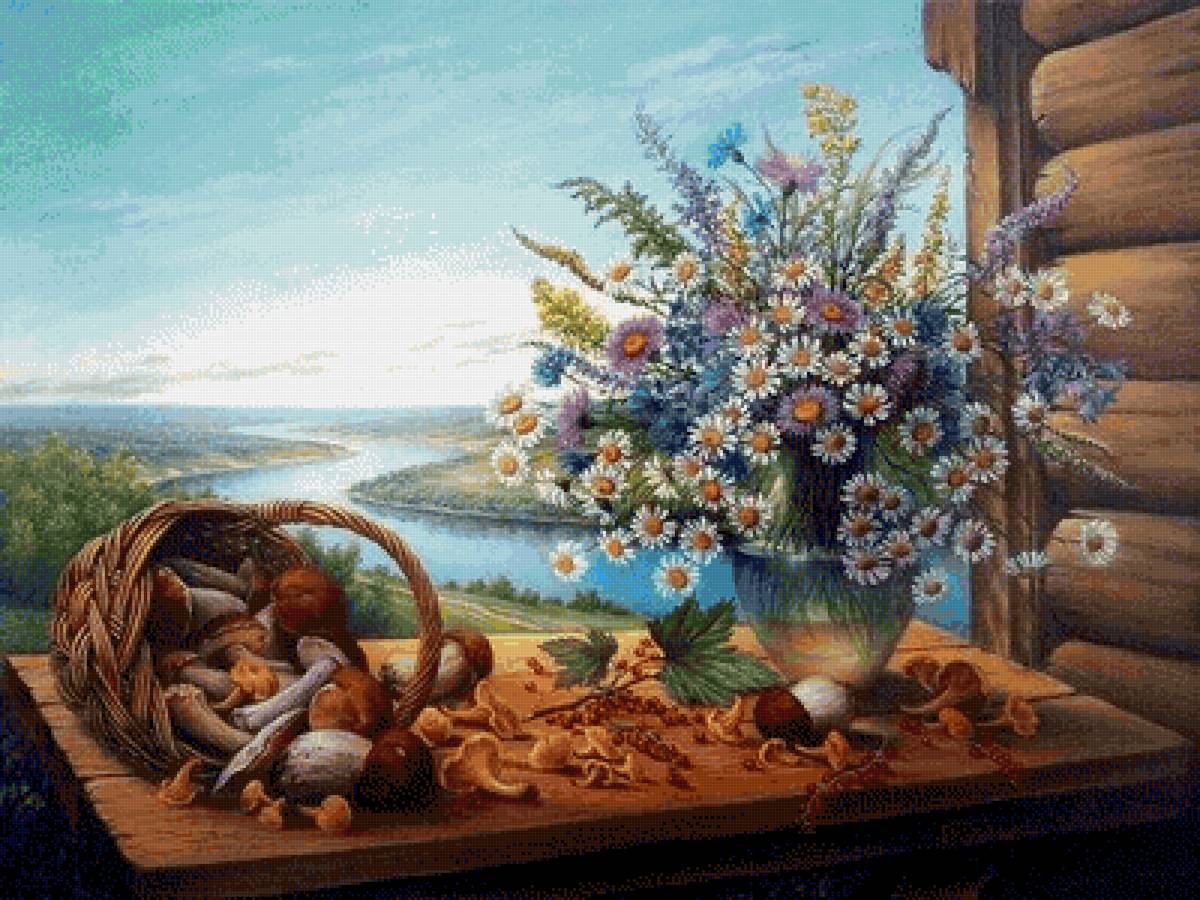 Летний натюрморт - букет, поле, река, грибы, лето, ягоды - предпросмотр