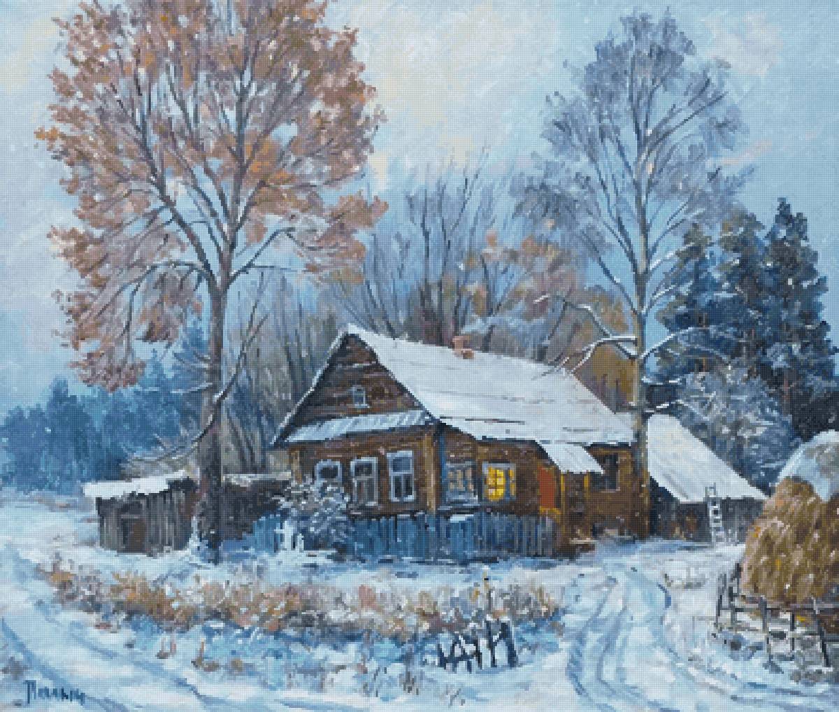 Дом на окраине - вечер, деревня, зима, дом, природа - предпросмотр