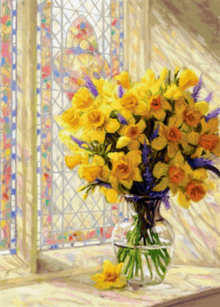 Букет нарциссов у окна - нарциссы, прохлада, букет, окно, лето - предпросмотр