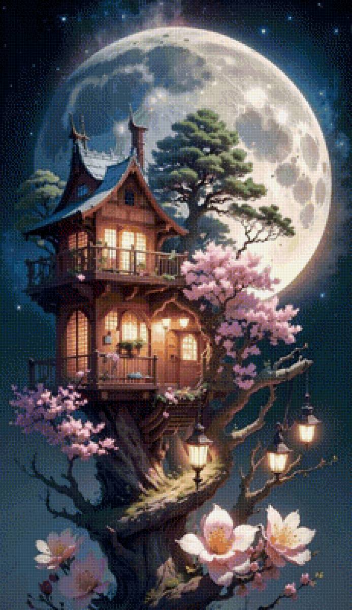 сказочный домик - луна, пейзаж, домик - предпросмотр