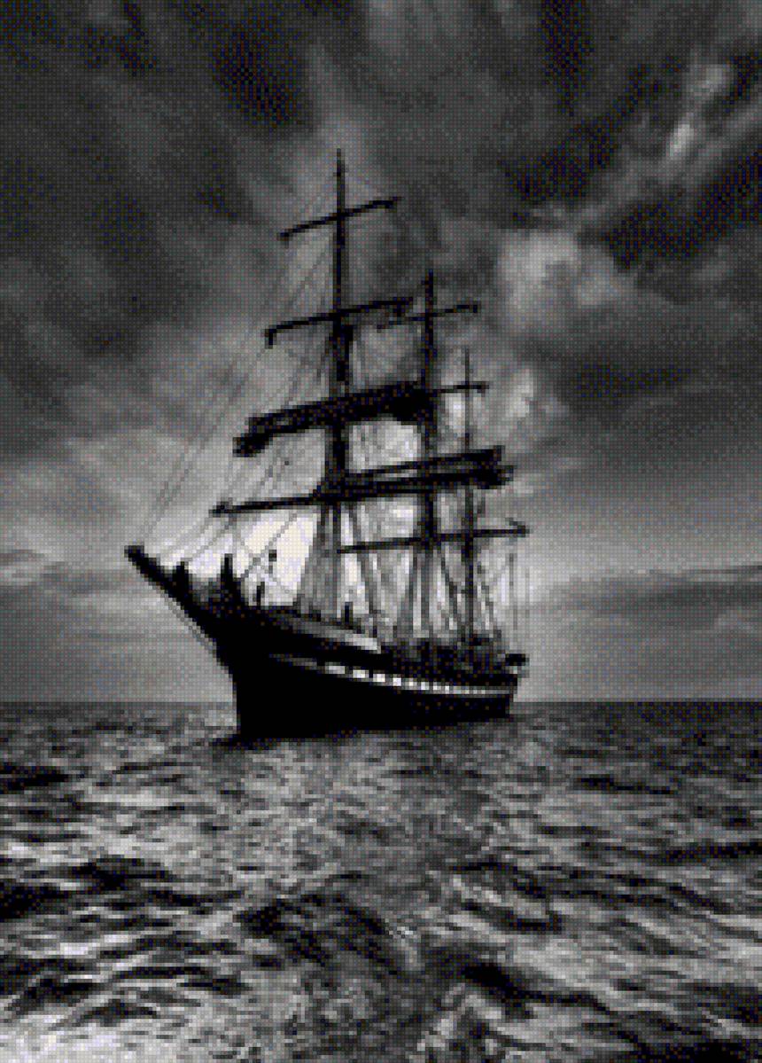 Корабль - парусник, монохром, корабль - предпросмотр