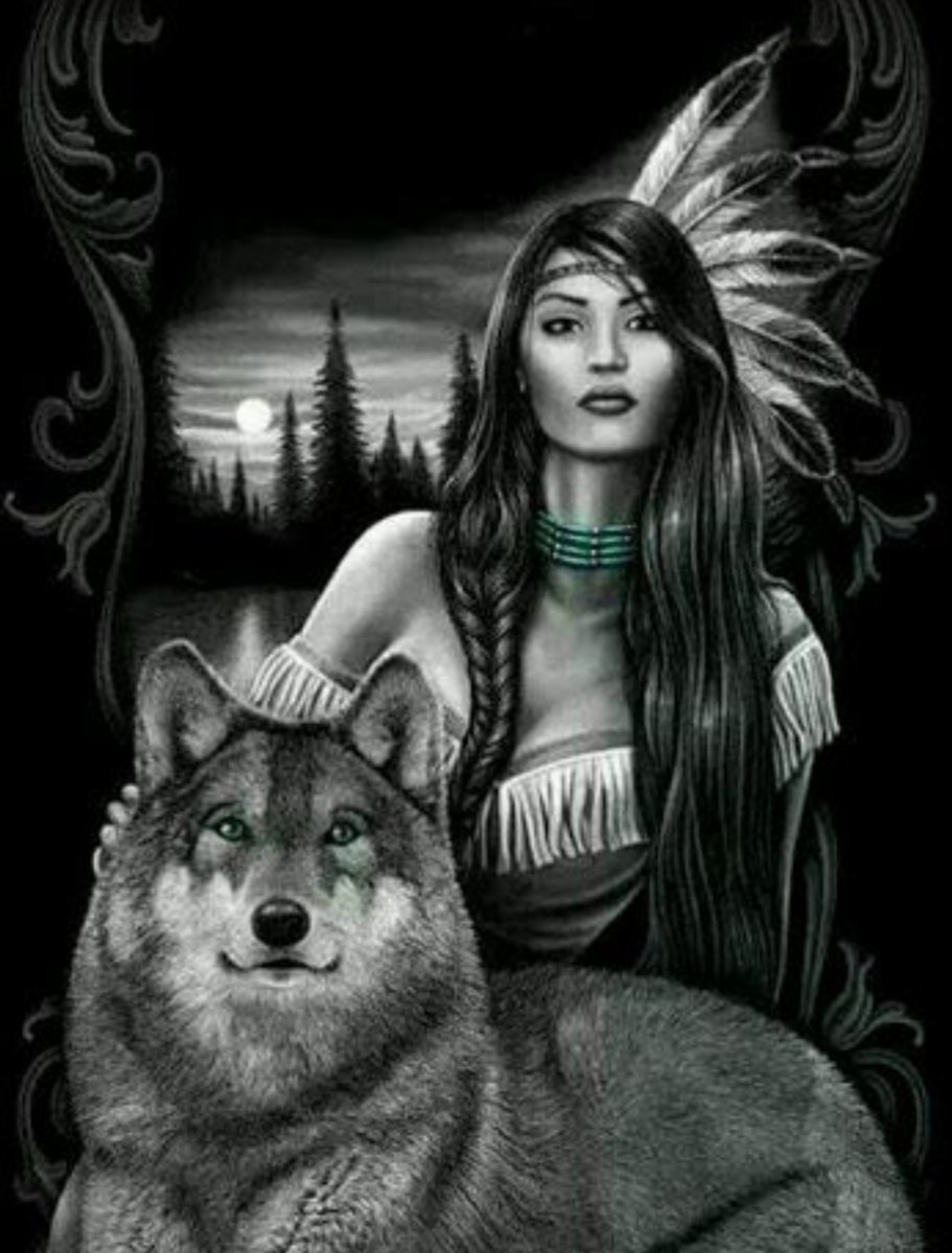Девушка с волком - монохром, волк, девушка - оригинал