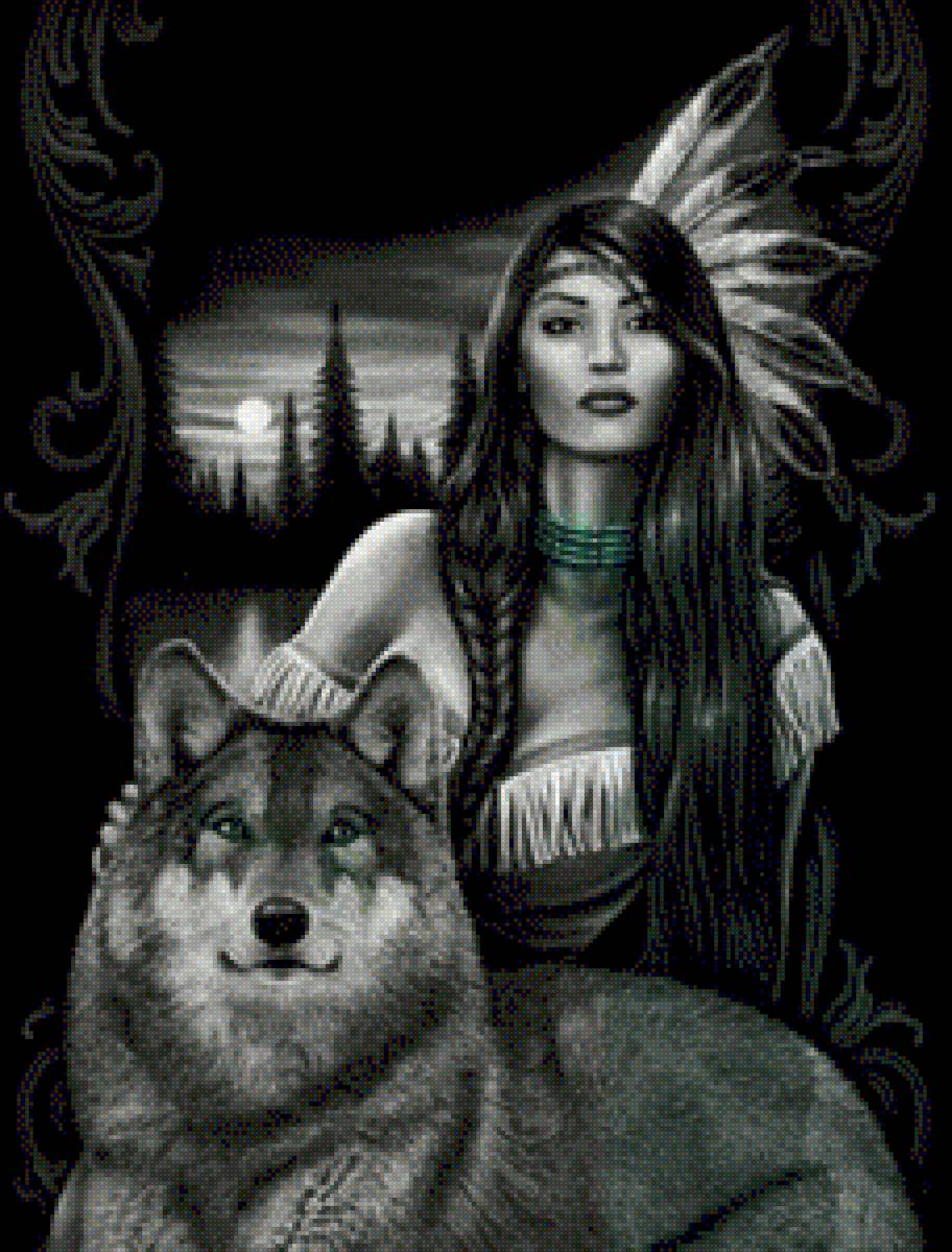 Девушка с волком - девушка, волк, монохром - предпросмотр