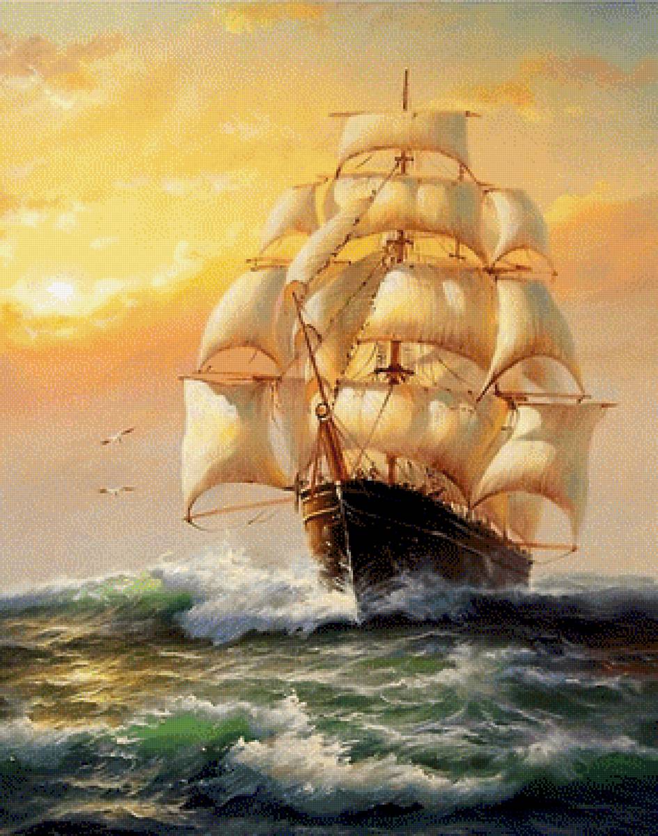 Парусник - море, чайки, парусник - предпросмотр