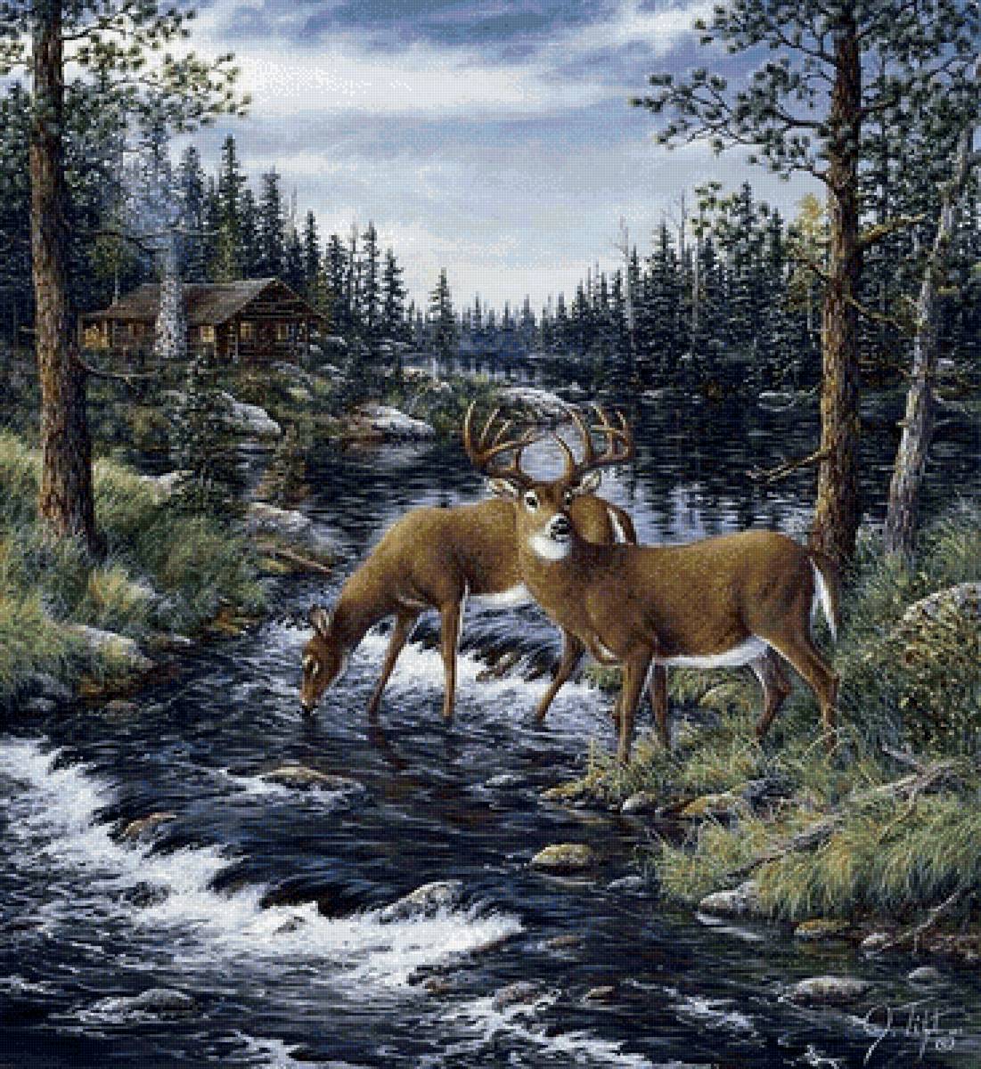 Олени на водопое - художники - предпросмотр