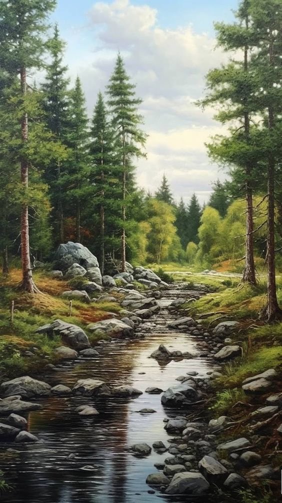 По камешкам - деревья, пейзаж, река - оригинал