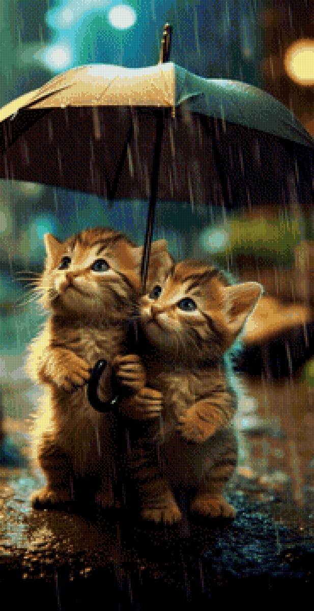 Котята - дождь, котята, пара, под зонтом - предпросмотр