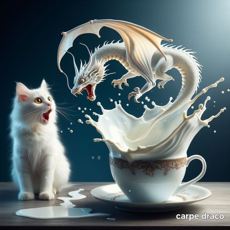 Ты кто? - котенок, чашка, молоко, брызги, удивление, лужа, дракон - оригинал