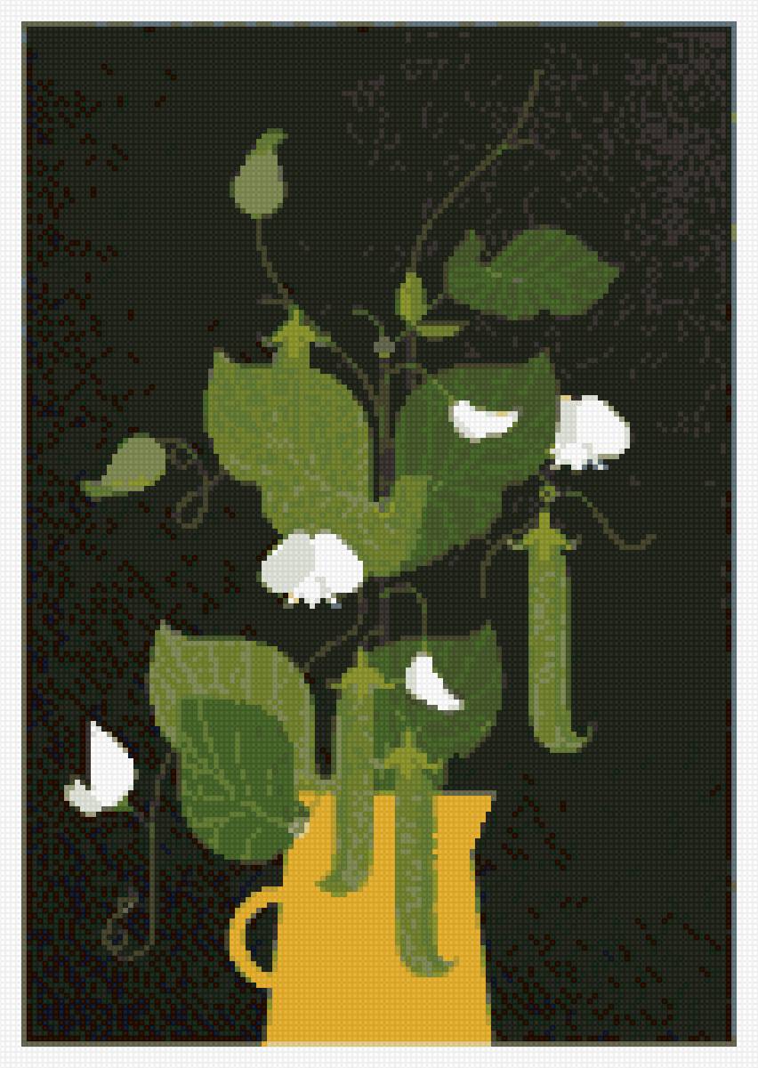 Горошек цветы - цветы, черная канва, модерн, натюрморт - предпросмотр