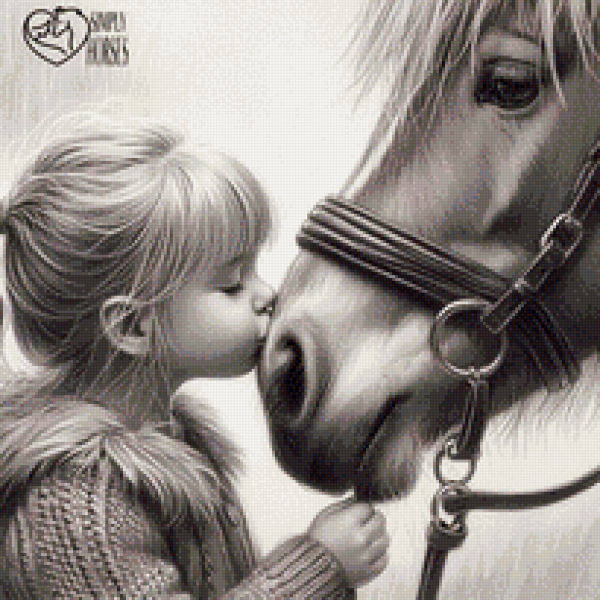 Будущая наездница - поцелуй, монохром, девочка, лошадь - предпросмотр