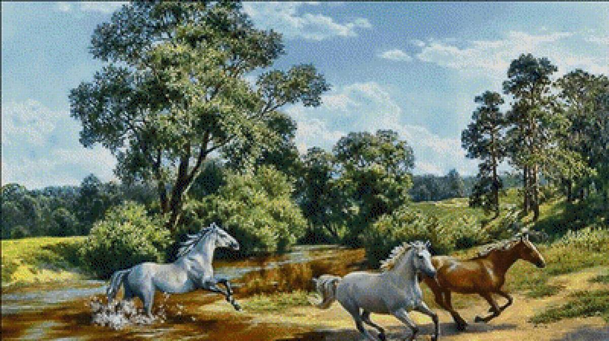 Лошади у реки. - леса, природа, река, деревья, лошади - предпросмотр