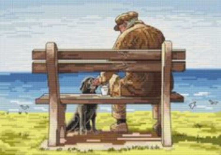Oude man op bankje met hond - oude man, hond, bankje - оригинал
