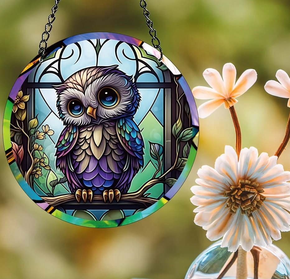 Витраж - витраж, сова, цветы, подвеска - оригинал