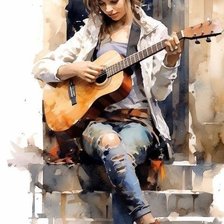 Девушка с гитарой. Акварель