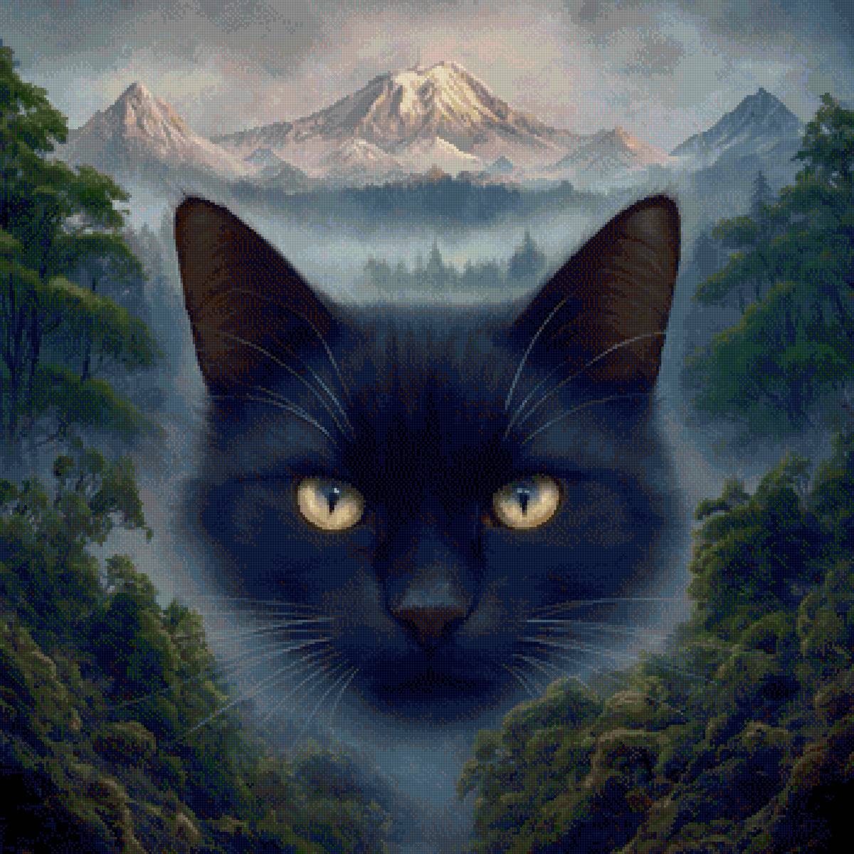 Мистический кот - горы, лес, черный кот - предпросмотр