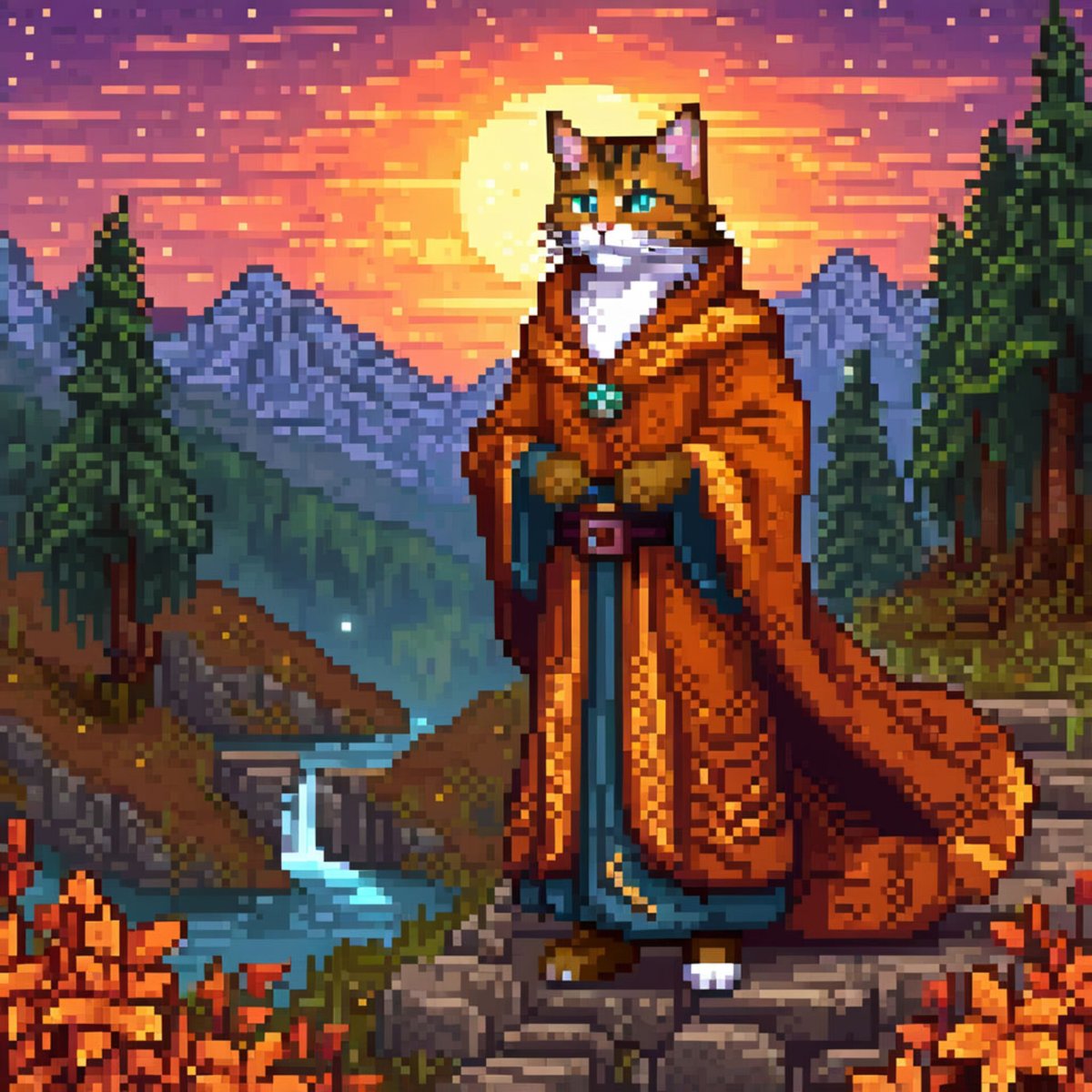 Речная леди - закат, лес, кошка - оригинал