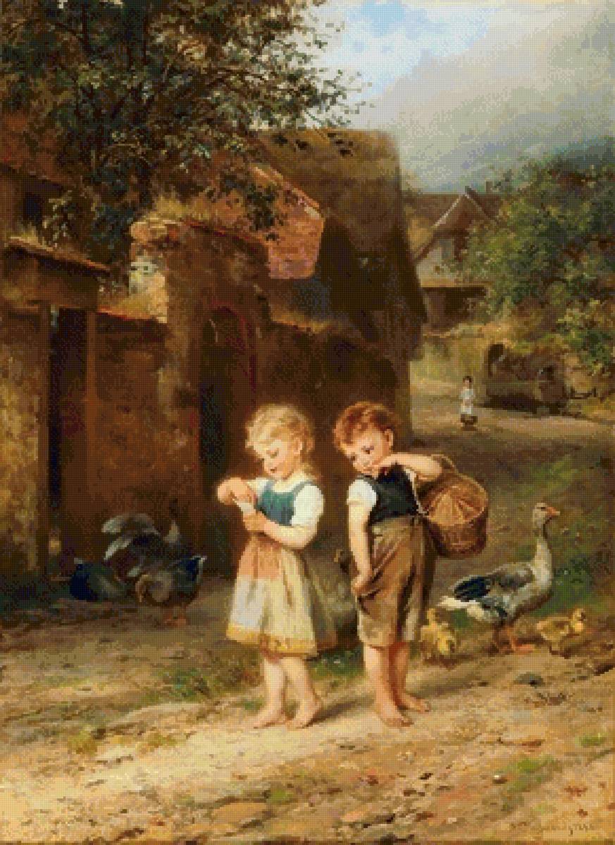 Кормление уток Антон Диффенбах  Картина - картина, 19 век - предпросмотр