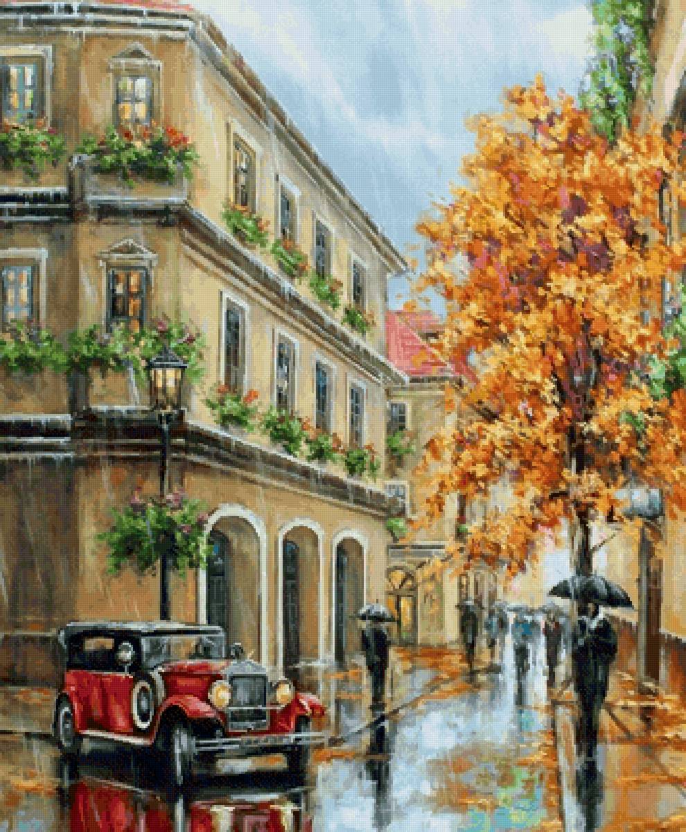 Старый автомобиль - ретро, дождь, город, люди - предпросмотр