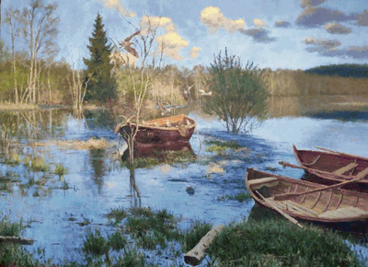 Лодки - лес, весна, половодье - предпросмотр