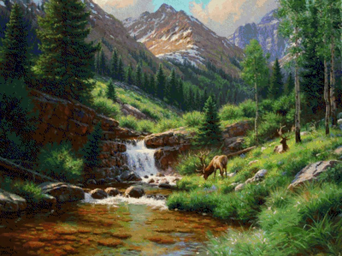 пейзаж - река, лес, олени, горы - предпросмотр