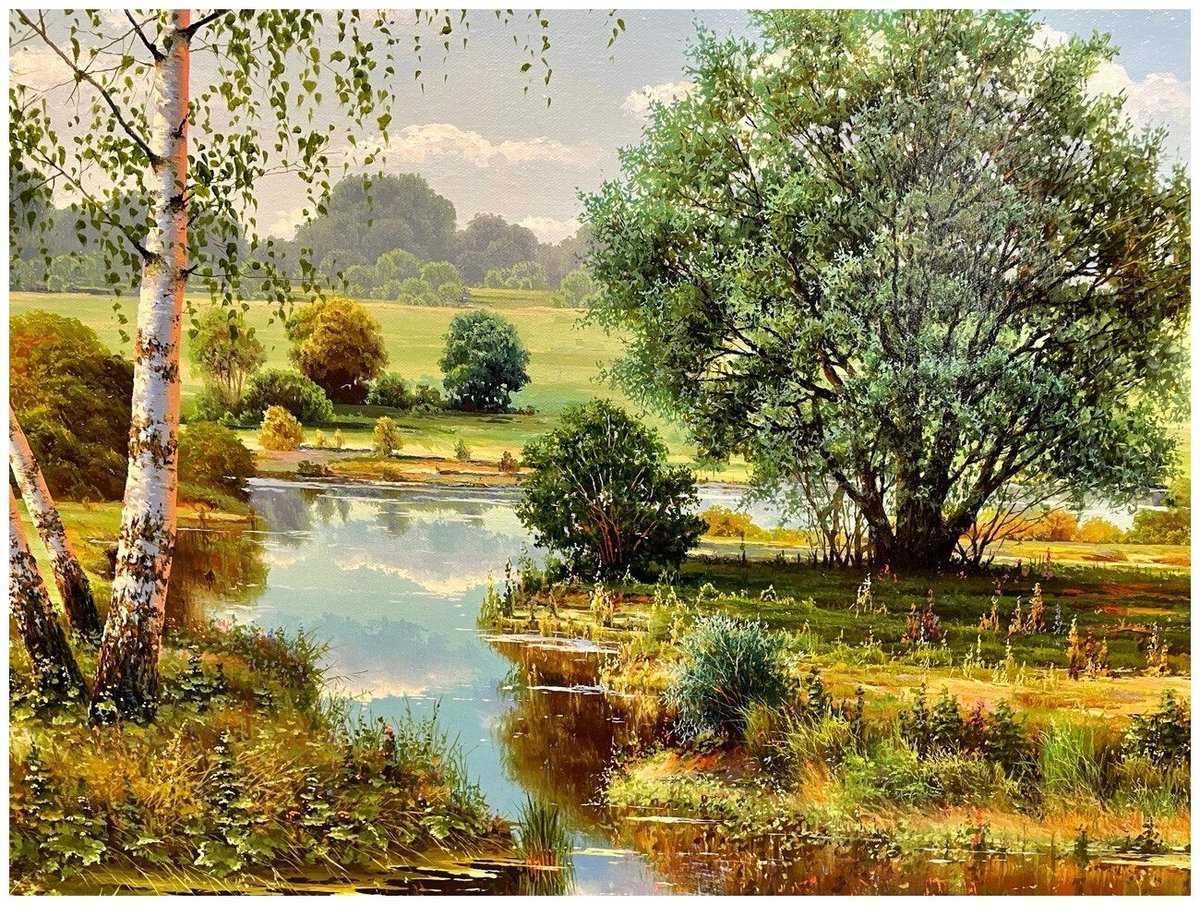 Пейзаж - берег, природа, березы, река - оригинал