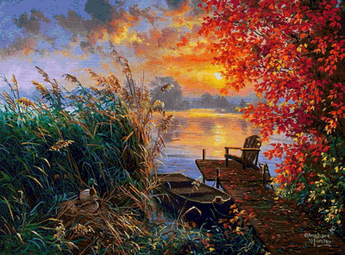 пейзаж - мостик, река, лодка, закат - предпросмотр