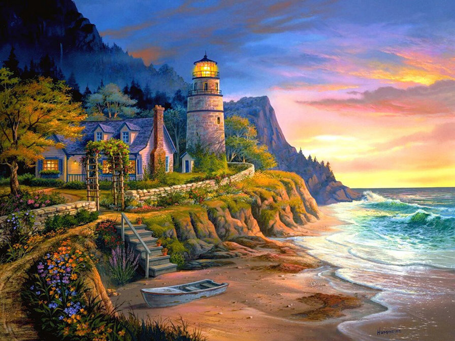 пейзаж - природа, море, маяк, горы - оригинал