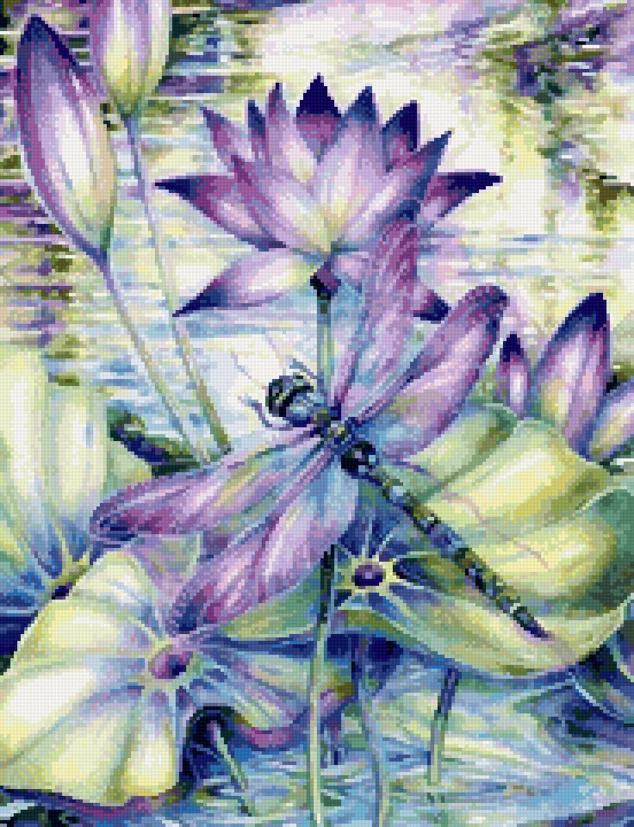 №2793252 - стрекоза, лотосы, до 240 крестиков - предпросмотр