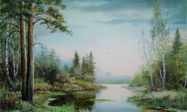 Пейзаж - сосны, березы, пейзаж, природа, озеро - оригинал