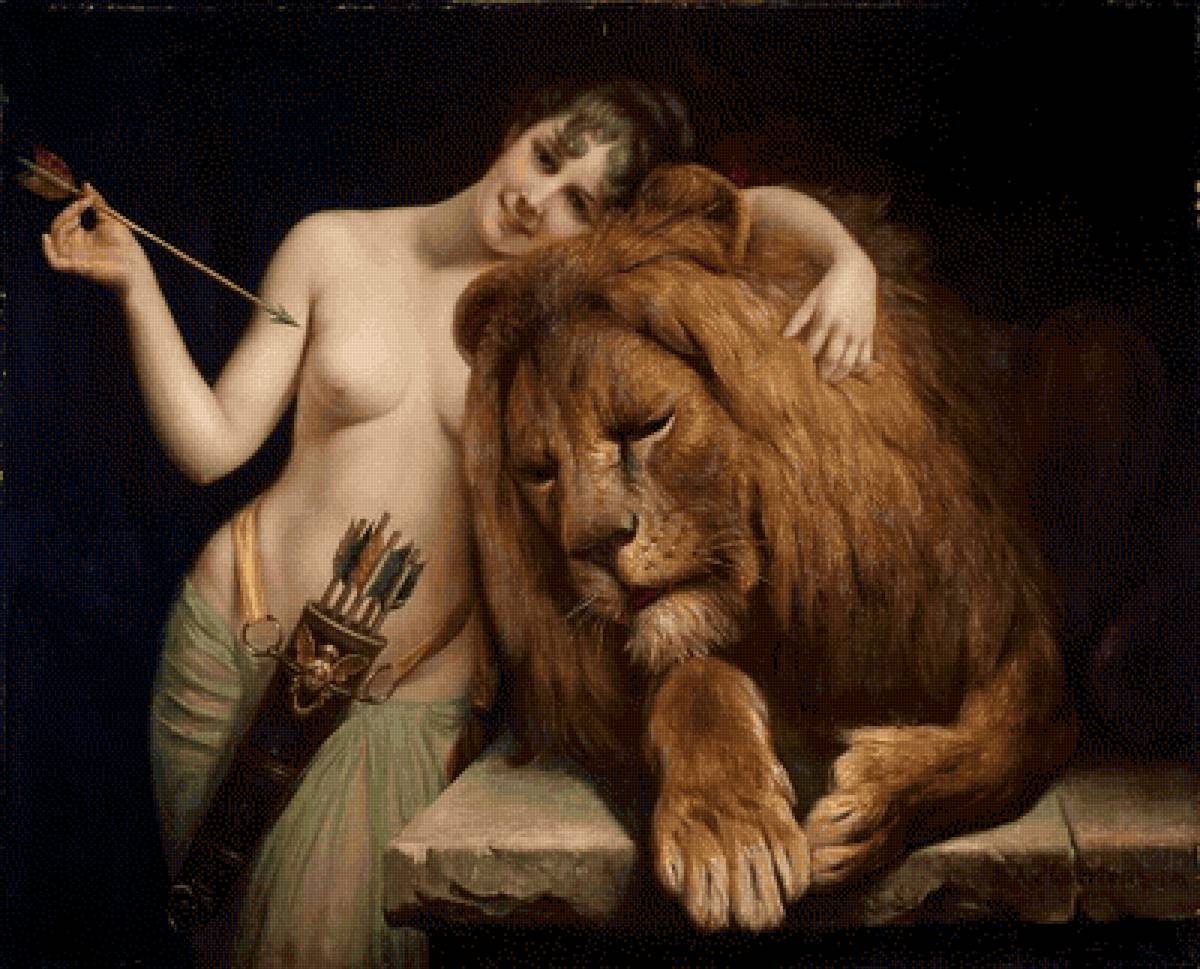 Богиня Диана со львом, 1906 г., Анджело фон Куртен - богиня диана со львом, девушка и лев, лев - предпросмотр