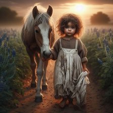 Girl at sunset with horse