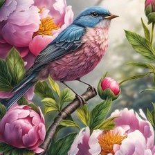 Схема вышивки «ПТАХА В ПИОНАХ»