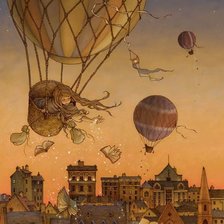 Схема вышивки «Девочка на воздушном шаре над городом»