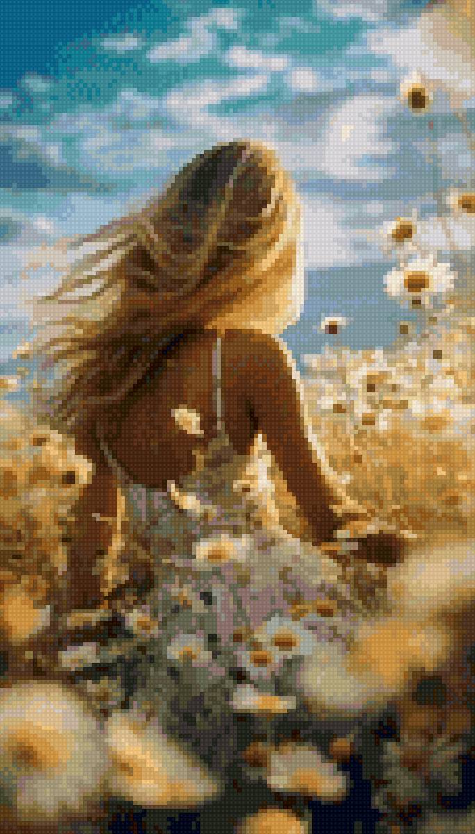 Девушка - ромашки, поле, девушка - предпросмотр