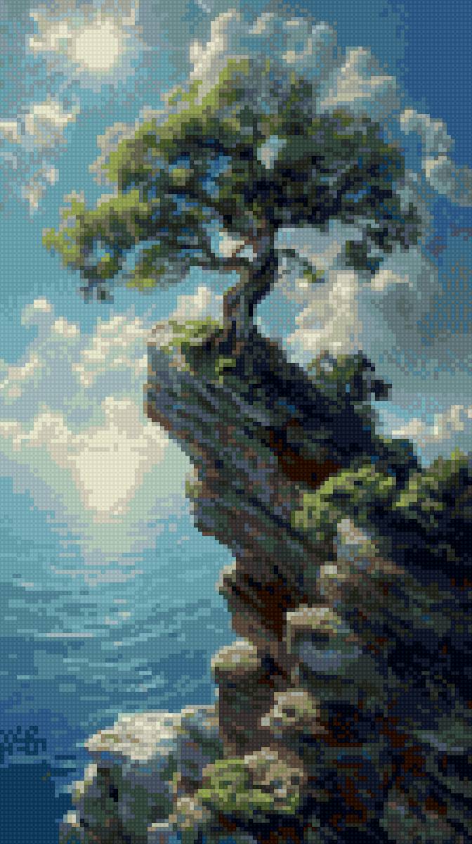 дерево на скале - скалы, природа, море, деревья - предпросмотр