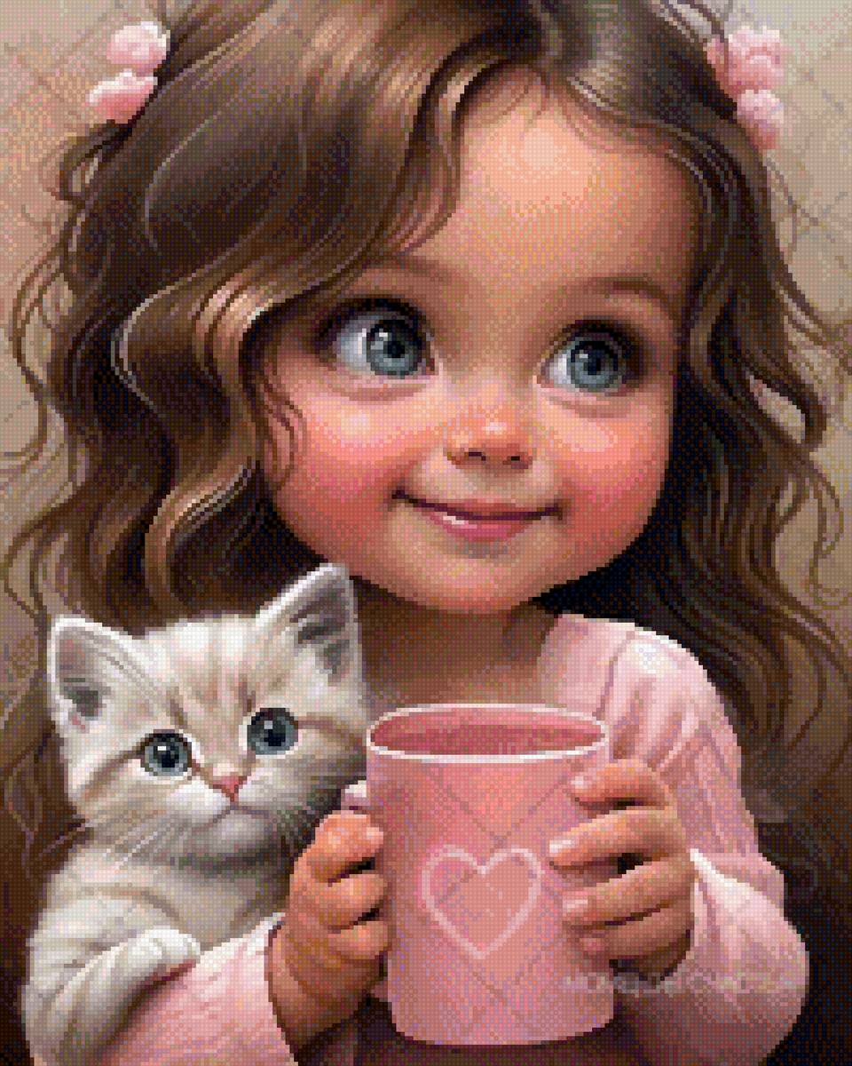 Чаепитие - девочка, котенок - предпросмотр