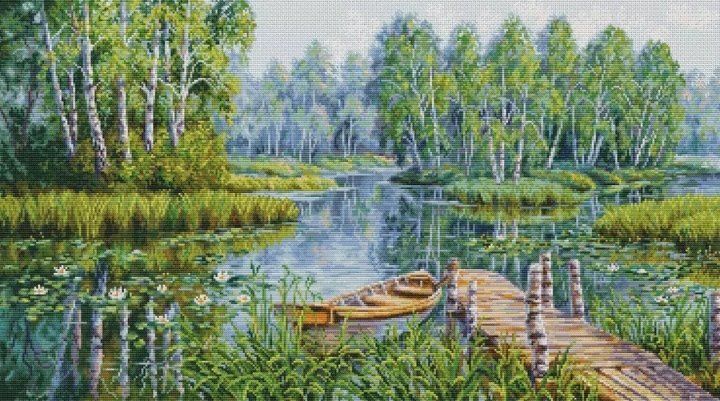 Берёзы на краю озера - березы, природа, деревья, озеро, зелень, роща, лето, лес, пейзаж - оригинал