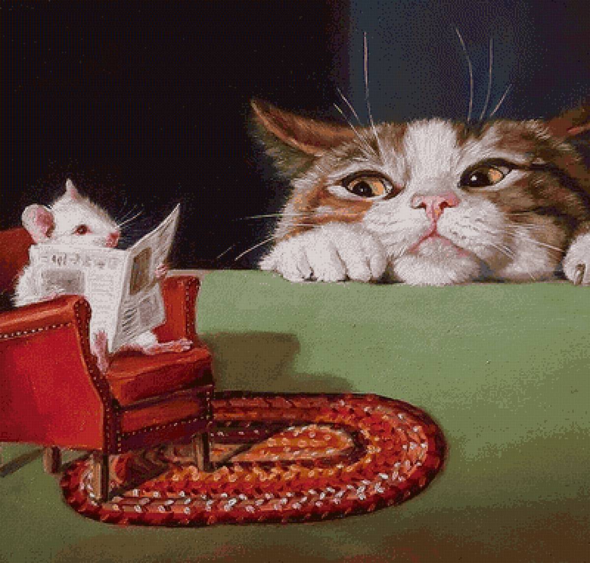 Обнаглевший мышь - коты, картина, кошки - предпросмотр