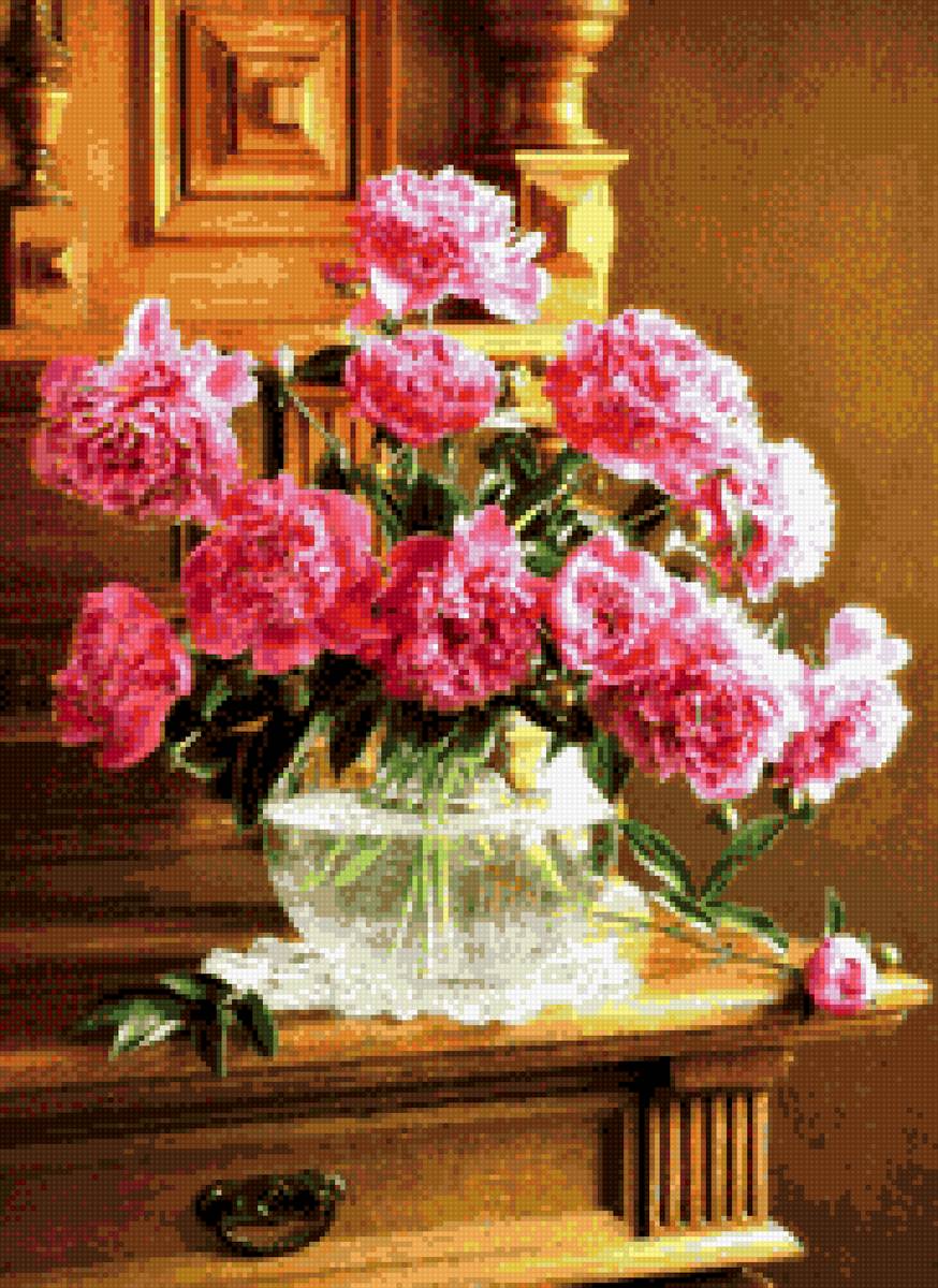 Пионы - буфет, ваза, салфетка, древесина, стекло, пионы - предпросмотр