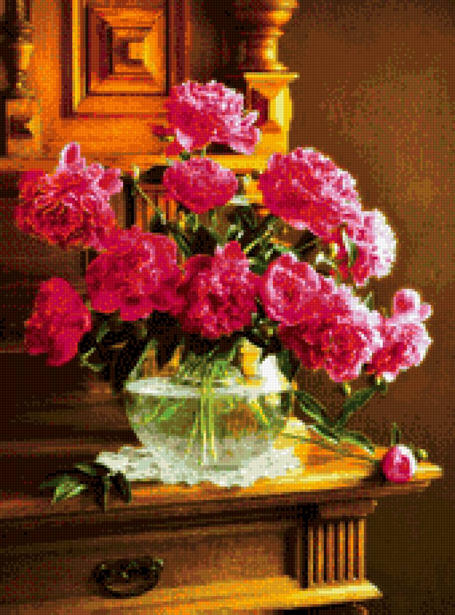 Пионы в вазе - пионы, ваза, стекло, древесина, салфетка, буфет - предпросмотр