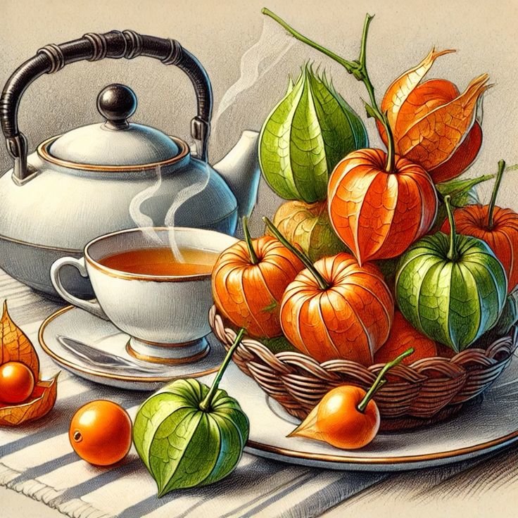 Натюрморт с физалисом - натюрморт, физалис, чайник, чашка - оригинал