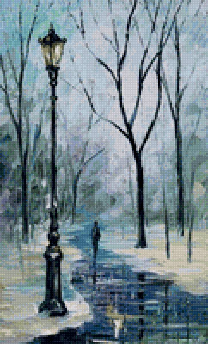 зимний город4 - вечер, пейзаж, тропинка, фонарь, зима, сквер, город, дорога - предпросмотр