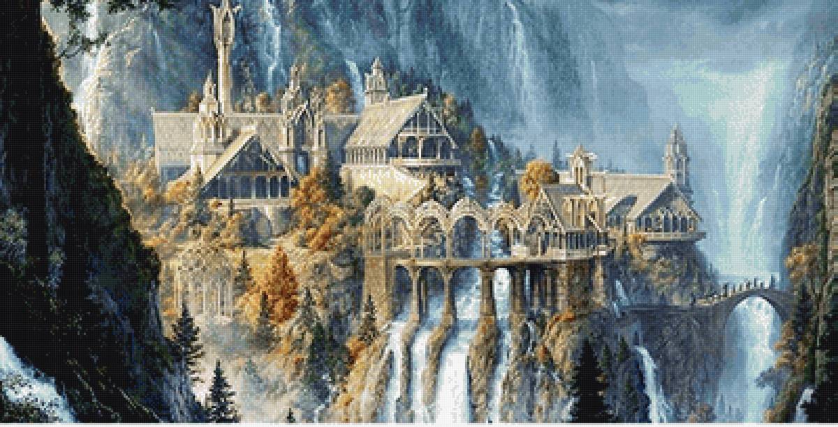 Замок в горах - замок, горная река, фэнтези, горы - предпросмотр