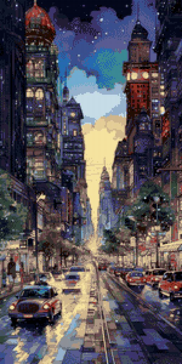 ночной город5 - город, вечер, луна, фонарь, дождь, пейзаж, ночь - предпросмотр