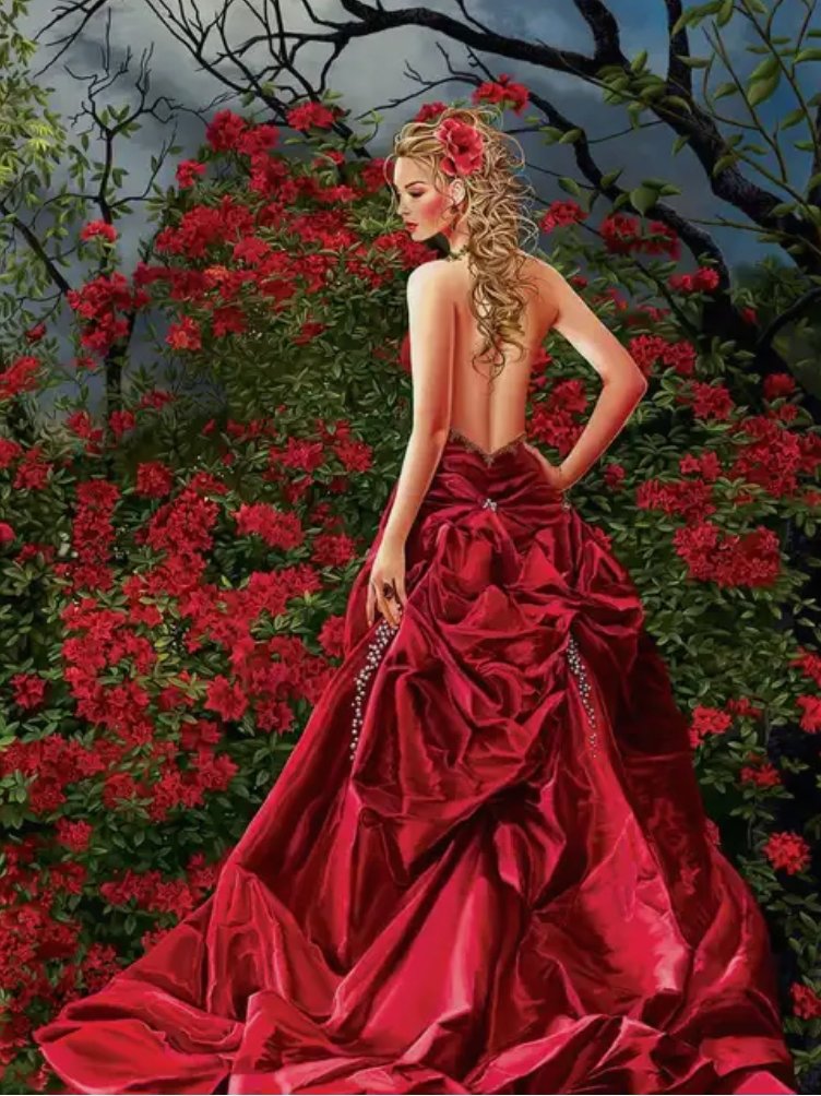 Девушка в красном - розы, живопись, девушка, сад - оригинал